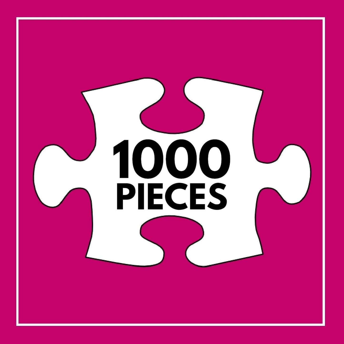 White puzzle piece icon with "1000 PIECES" text on a magenta background, representing the Bird Puzzle – Festival of The Nine Birds – 1000 Piece Jigsaw Puzzle, 1000 piece jigsaw puzzles for adults with beautiful artwork and satin finish.
