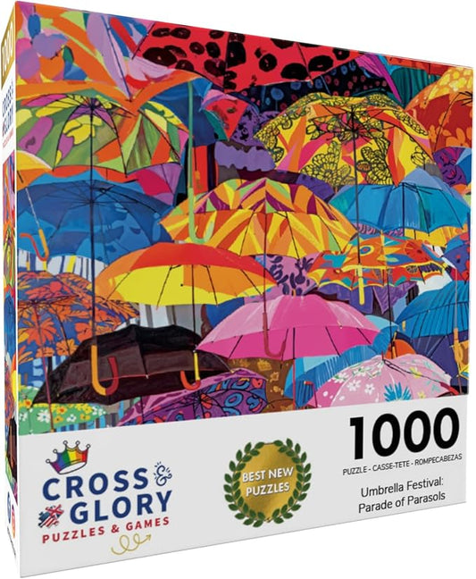 Cross & Glory - Umbrella Festival: Parade of Parasols - 1000 Piece Jigsaw Puzzle | Puzzles for Adults 1000 Pieces | Colorful Market Scene