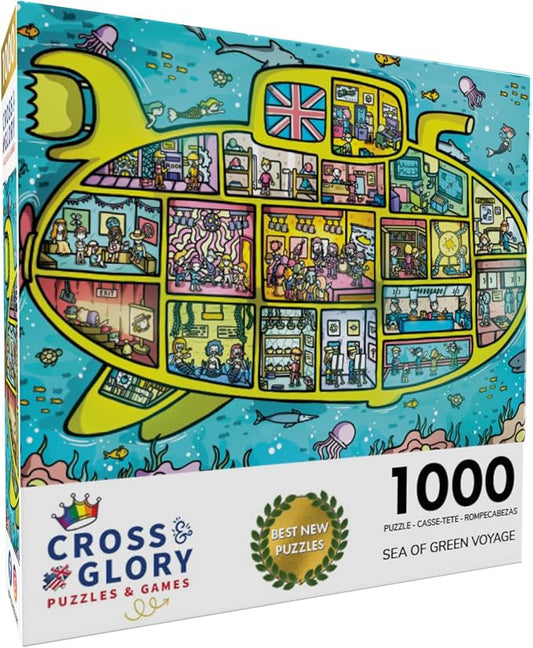 Cross & Glory Puzzles: Sea of Green Voyage: British Invasion Beneath The Waves, 1000 Piece Jigsaw Puzzle, Fun 60s Themed Puzzles for Adults, Underwater Adventure