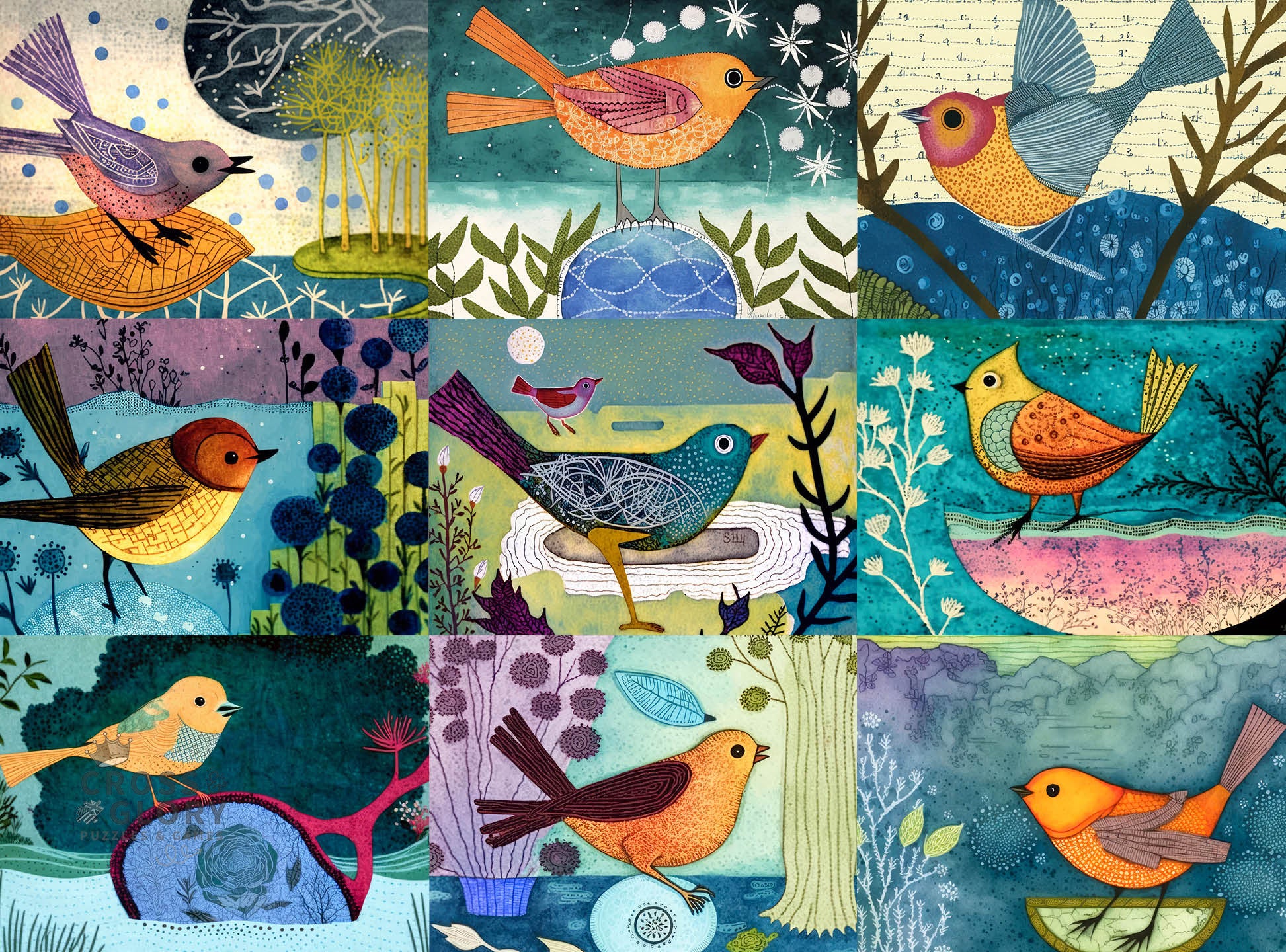 Bird Puzzle – Festival of The Nine Birds – 1000 Piece Jigsaw Puzzle featuring beautiful artwork of nine colorful birds with a satin finish, premium quality, dust free, eco-friendly, 1000 piece jigsaw puzzles for adults.