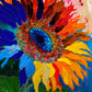 Vivid and colorful sunflower artwork with rich blue, red, orange, and yellow petals, showcasing beautiful artwork in the Garden Puzzle – Sunflower Kaleidoscope – 1000 Piece Jigsaw Puzzle, featuring a satin finish, premium quality, and dust free, eco-friendly design, perfect as 1000 piece jigsaw puzzles for adults.