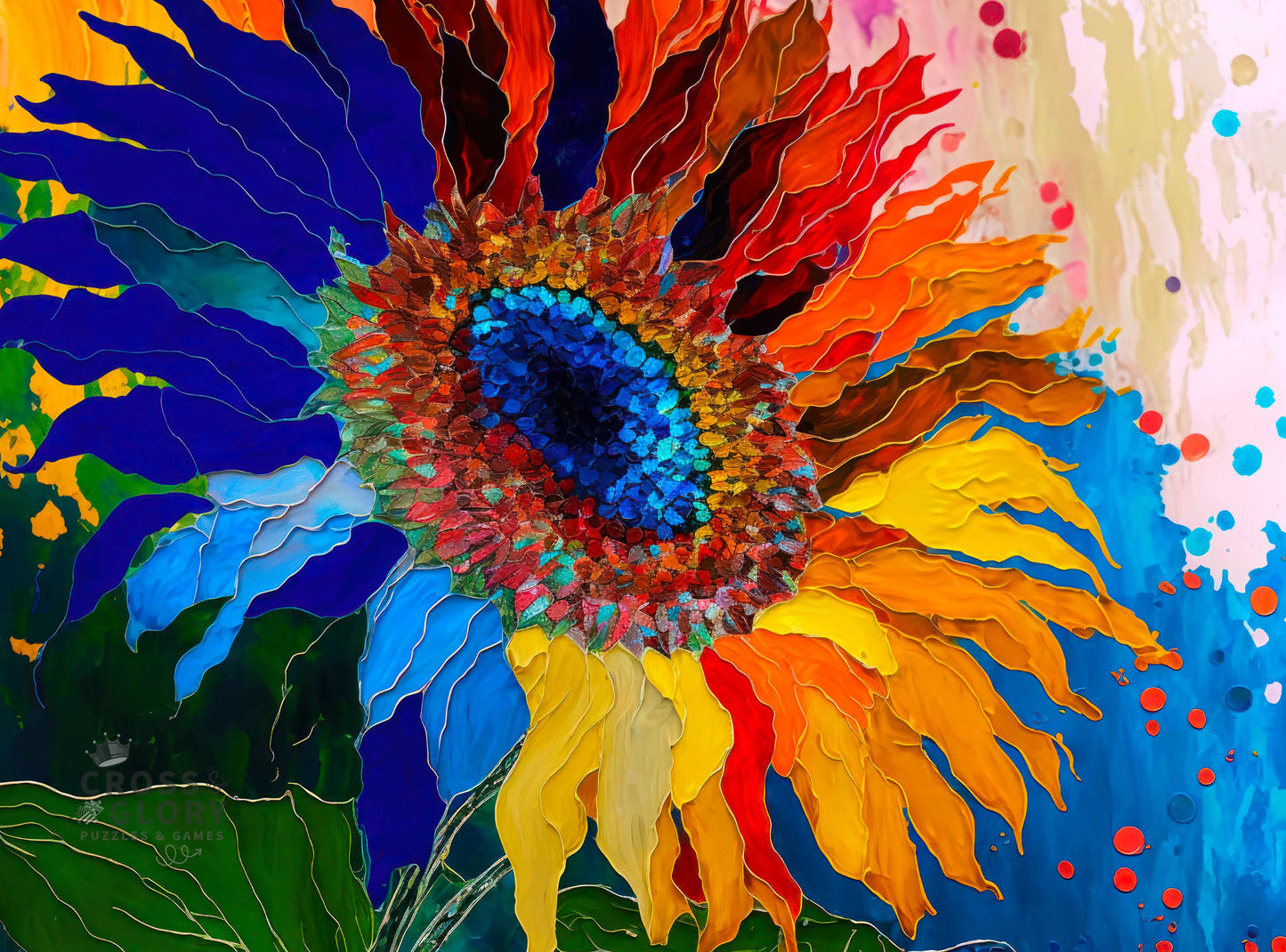 Vivid and colorful sunflower artwork with rich blue, red, orange, and yellow petals, showcasing beautiful artwork in the Garden Puzzle – Sunflower Kaleidoscope – 1000 Piece Jigsaw Puzzle, featuring a satin finish, premium quality, and dust free, eco-friendly design, perfect as 1000 piece jigsaw puzzles for adults.