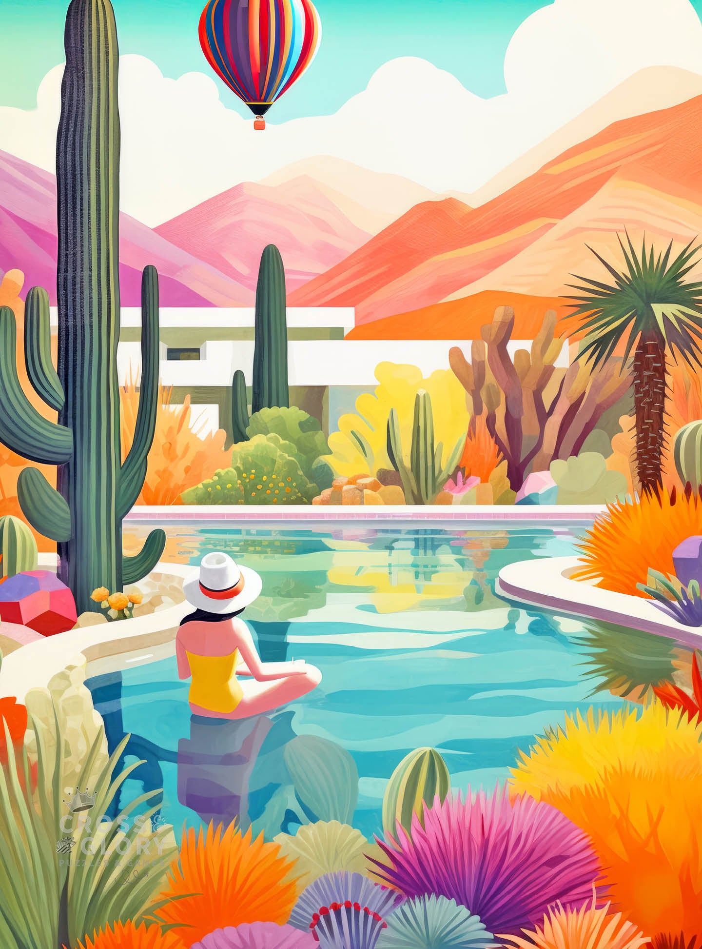 Blossoming Desert: Poolside Paradise - 1000 Piece Jigsaw Puzzle