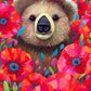 Close-up of a koala surrounded by vibrant red poppies in beautiful artwork from the Garden Puzzle – Koala's Poppy Paradise – 1000 Piece Jigsaw Puzzle, featuring a satin finish, premium quality, and eco-friendly design for 1000 piece jigsaw puzzles for adults.