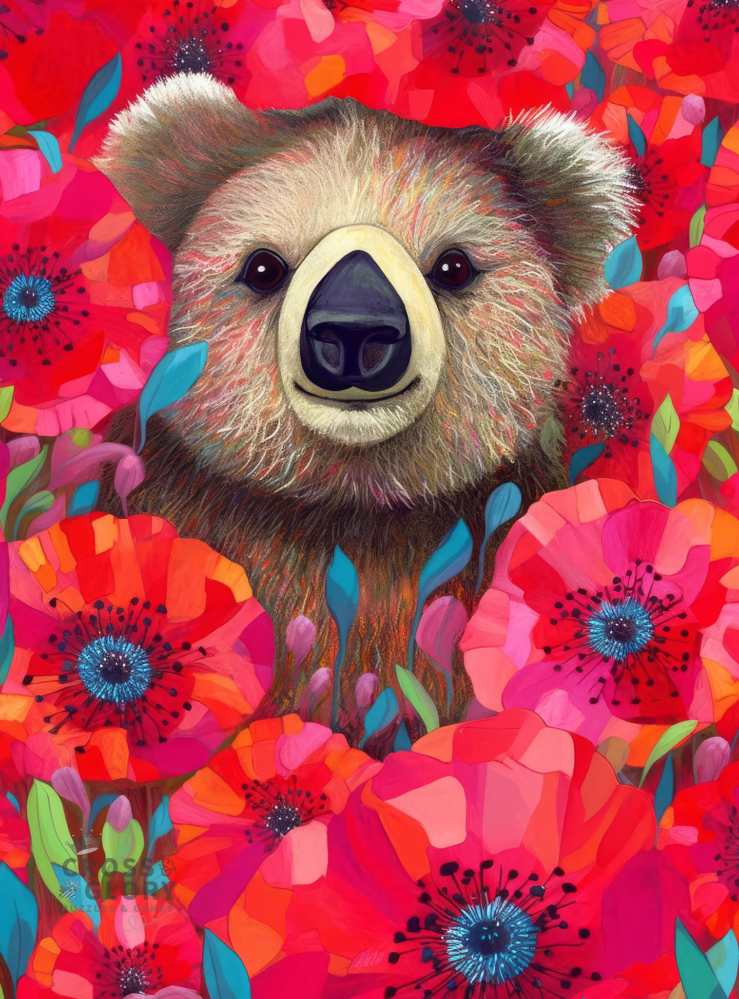 Close-up of a koala surrounded by vibrant red poppies in beautiful artwork from the Garden Puzzle – Koala's Poppy Paradise – 1000 Piece Jigsaw Puzzle, featuring a satin finish, premium quality, and eco-friendly design for 1000 piece jigsaw puzzles for adults.