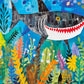 Art Puzzle – Beneath The Waves: Shark's Colorful Realm – 1000 Piece Jigsaw Puzzle features vibrant underwater artwork of a shark surrounded by colorful sea plants and fish, with beautiful artwork, satin finish, premium quality, dust free, eco-friendly, 1000 piece jigsaw puzzles for adults.