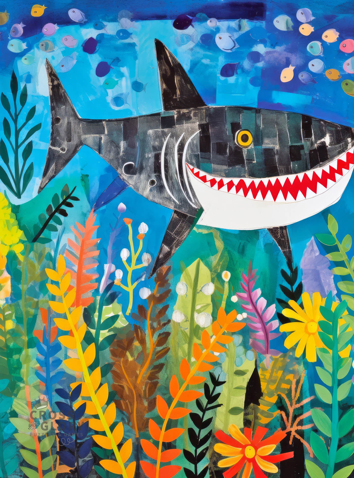 Art Puzzle – Beneath The Waves: Shark's Colorful Realm – 1000 Piece Jigsaw Puzzle features vibrant underwater artwork of a shark surrounded by colorful sea plants and fish, with beautiful artwork, satin finish, premium quality, dust free, eco-friendly, 1000 piece jigsaw puzzles for adults.