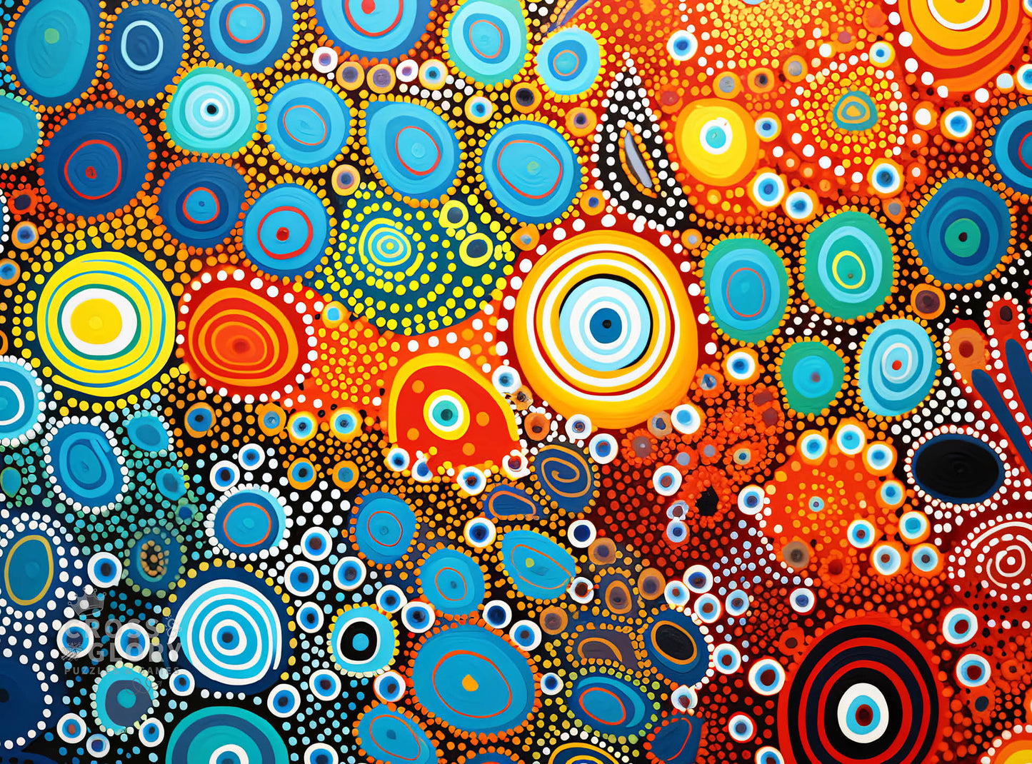 Art Puzzle – Spectral Sands of Australia - Aboriginal Art Inspired – 1000 Piece Jigsaw Puzzle featuring beautiful Aboriginal-style artwork with vibrant circles and dots, satin finish, premium quality, dust free, eco-friendly, perfect 1000 piece jigsaw puzzles for adults.