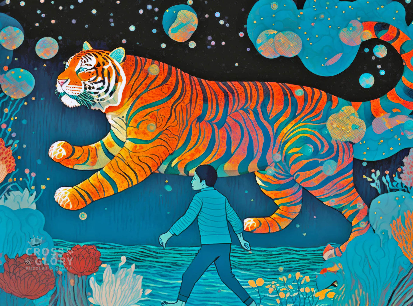 Art Puzzle – Walking with Pi – 1000 Piece Jigsaw Puzzle features beautiful artwork of a vibrant tiger and a walking figure in a surreal underwater scene, satin finish, premium quality, dust free, eco-friendly, 1000 piece jigsaw puzzles for adults.