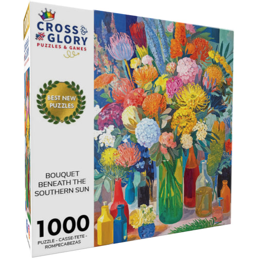 Garden Puzzle – Bouquet Beneath the Southern Sun – 1000 Piece Jigsaw Puzzle box featuring vibrant floral artwork in colorful vases for adults