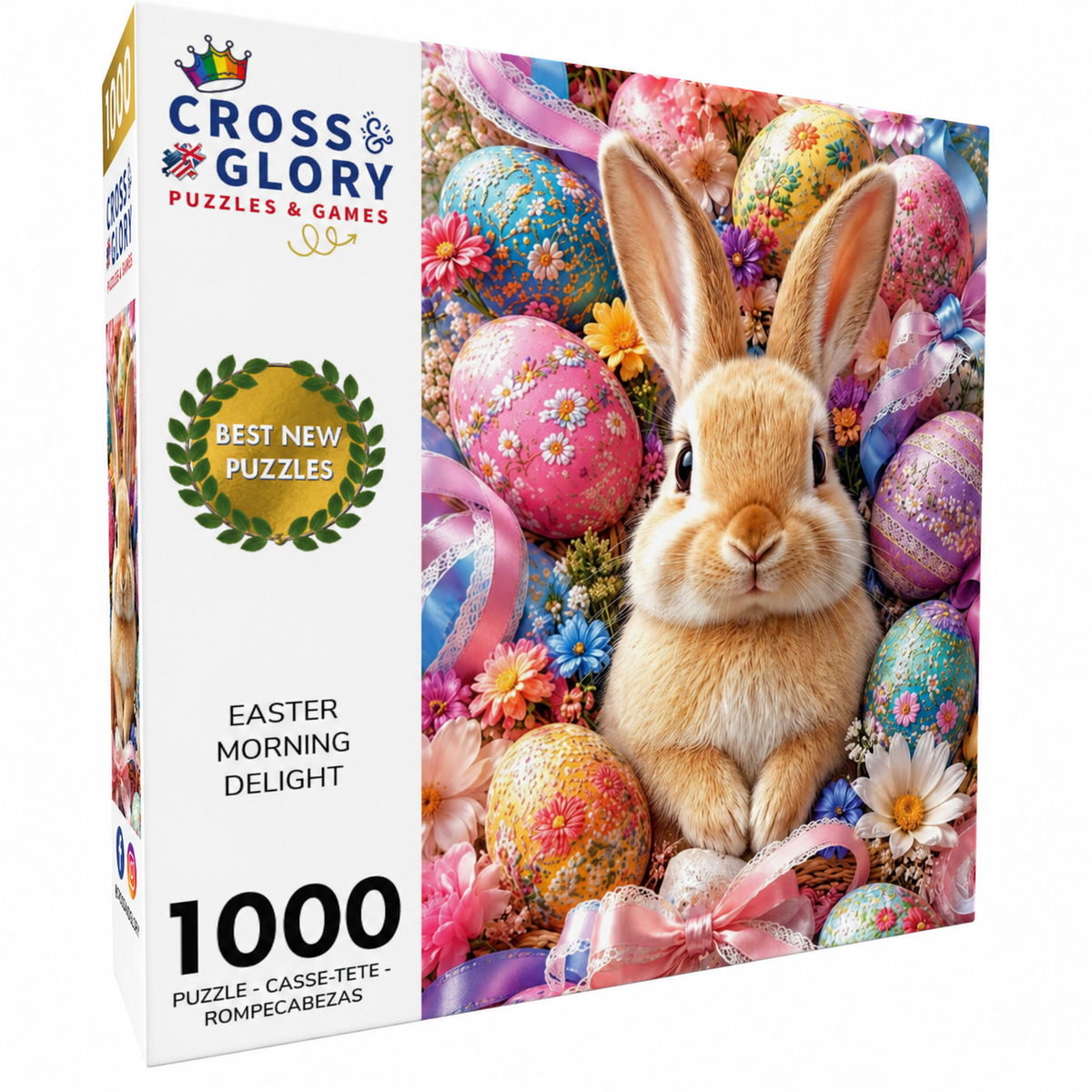 Easter Puzzle – Easter Morning Delight – 1000 Piece Jigsaw Puzzle box featuring a fluffy bunny surrounded by colorful decorated Easter eggs for adults