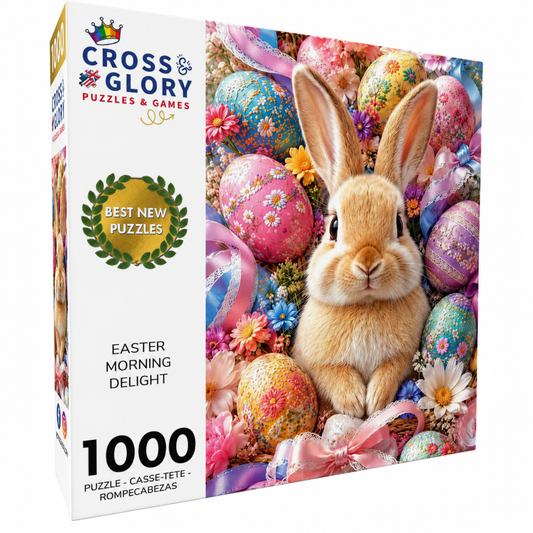 Easter Puzzle – Easter Morning Delight – 1000 Piece Jigsaw Puzzle box featuring a fluffy bunny surrounded by colorful decorated Easter eggs for adults