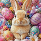 Easter Puzzle – Easter Morning Delight – 1000 Piece Jigsaw Puzzle showing a fluffy bunny among floral Easter eggs and pink ribbons for adults