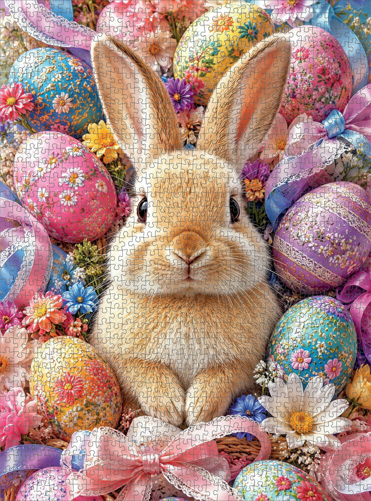 Easter Puzzle – Easter Morning Delight – 1000 Piece Jigsaw Puzzle showing a fluffy bunny among floral Easter eggs and pink ribbons for adults