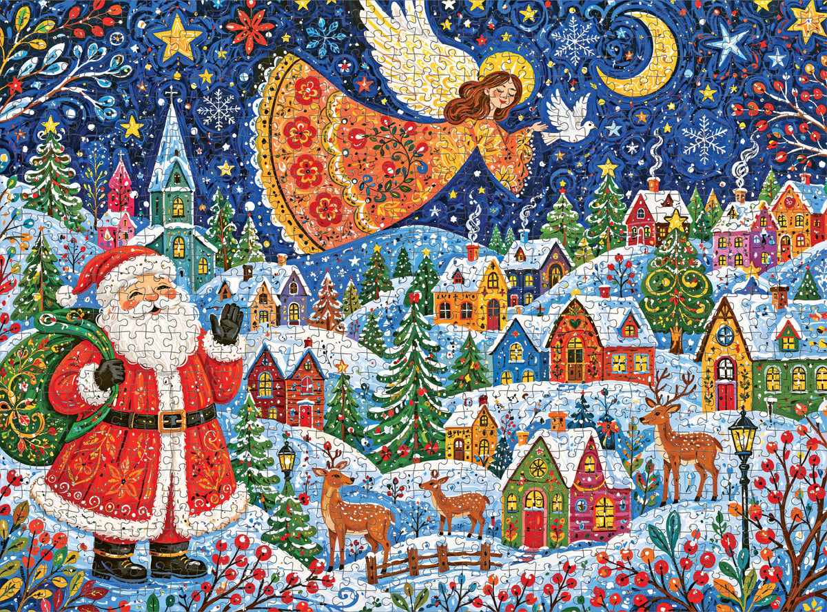 Christmas Puzzle – Christmas Under Angel Wings – 1000 Piece Jigsaw Puzzle showing the assembled puzzle pieces
