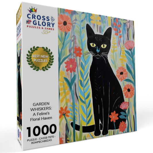 Garden Whiskers: A Feline's Floral Haven - 1000 Piece Jigsaw Puzzle Jigsaw Puzzles Cross & Glory