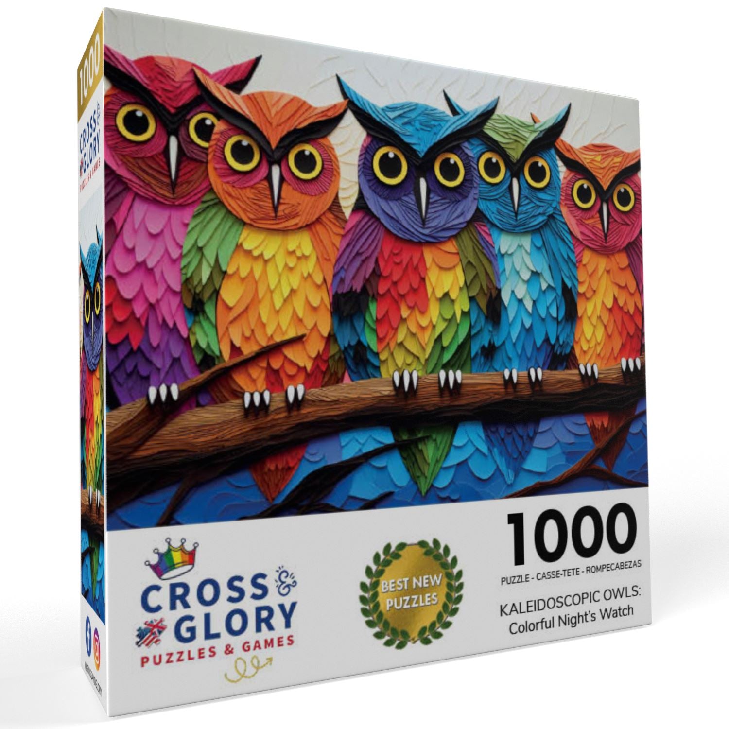 Kaleidoscopic Owls: Colorful Night's Watch - 1000 Piece Jigsaw Puzzle Jigsaw Puzzles Cross & Glory