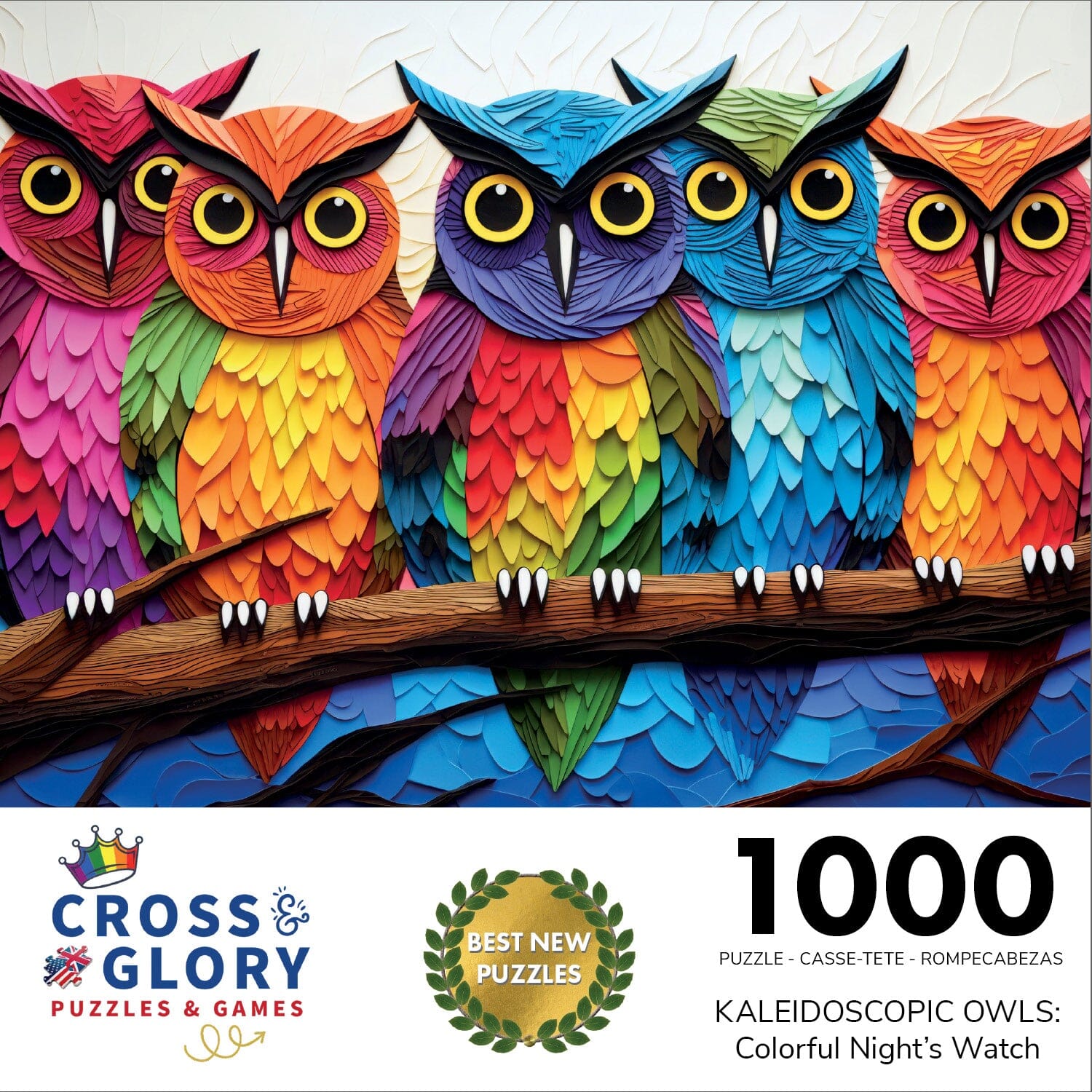 Kaleidoscopic Owls: Colorful Night's Watch - 1000 Piece Jigsaw Puzzle Jigsaw Puzzles Cross & Glory