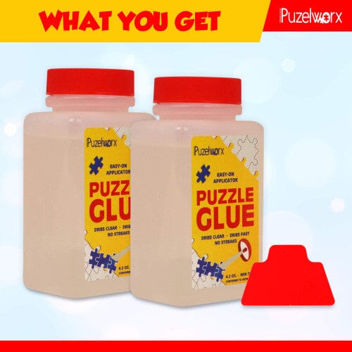 PuzzleWorx Easy-On Applicator Puzzle Glue, Pack of 2, Non Toxic Clear Glue for 1000 Piece Puzzles 4.2 oz each bottle (Total 8.4) PLAYKIDIZ